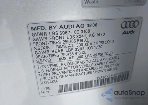 2007 Audi Q7 4.2 z USA, uszkodzony, nr VIN WA1AV74L87D044098